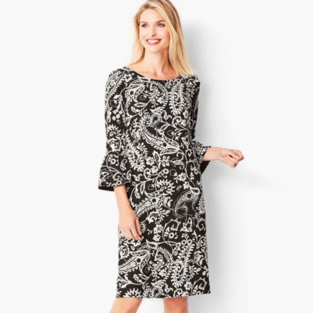 Talbots Paisley Print Shift Dress with Bell Sleeves Black & White 4 Small
